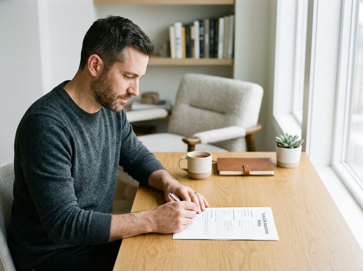 A man with dark hair and a beard sitting at a wooden table, filling out a form called 'Formulierings Ploy'. The table has a cup of coffee, a closed notebook, and a potted succulent plant. There are books on a shelf and a large window with white curtains in the background.