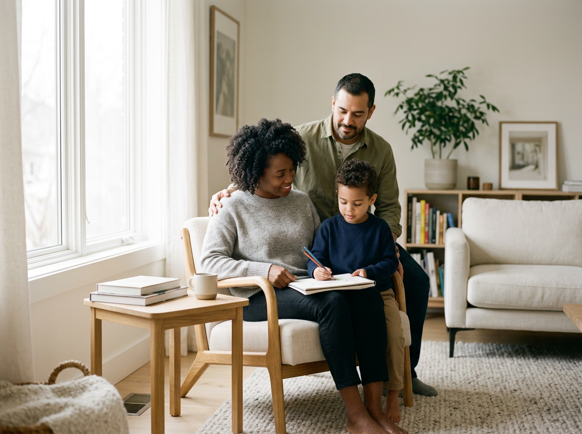 A family of three, consisting of a woman, a man, and a young boy, spending time together in a living room. The woman is sitting on a chair, holding a book open, while the boy is standing beside her, writing or drawing in the book. The man is standing behind them, looking down at the book. The room has natural light coming in from a large window, a bookshelf with books, framed pictures on the wall, a potted plant, and comfortable furniture.