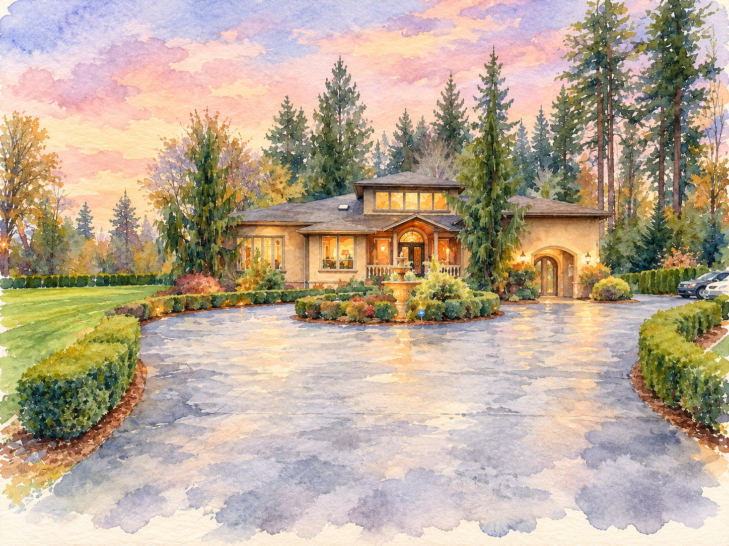 Watercolor Sunset Estate with Fountain.png