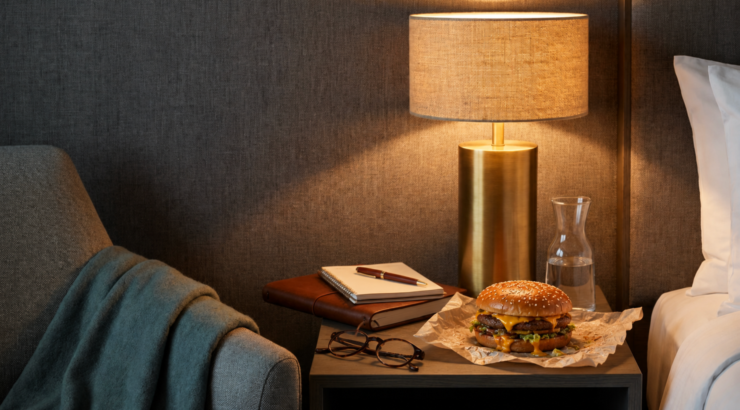 A cozy bedroom scene with a nightstand holding a lit table lamp, a notebook with a pen, a pair of sunglasses, and a cheeseburger wrapped in paper. The bed has white pillows, and a gray blanket is draped over a gray armchair.