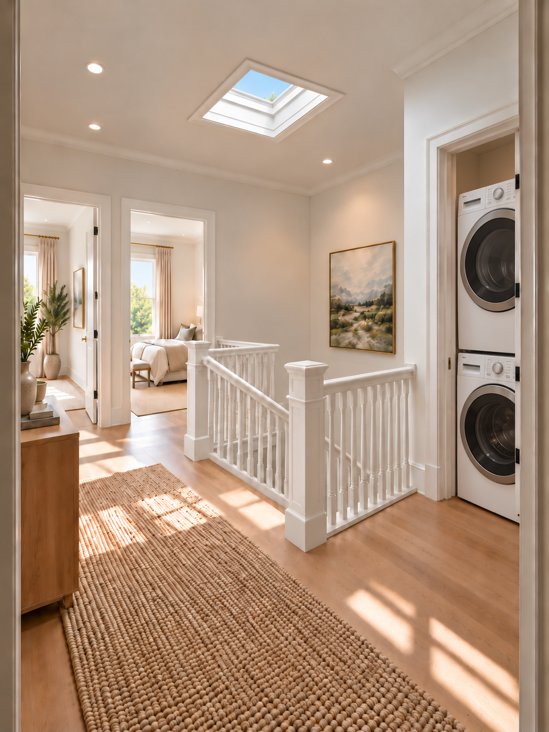 A bright upstairs hallway with a laundry closet containing stacked washer and dryer on the right, a staircase with white railing, a framed landscape painting on the wall, and two bedrooms visible at the end of the hall, with sunlight streaming through the windows.