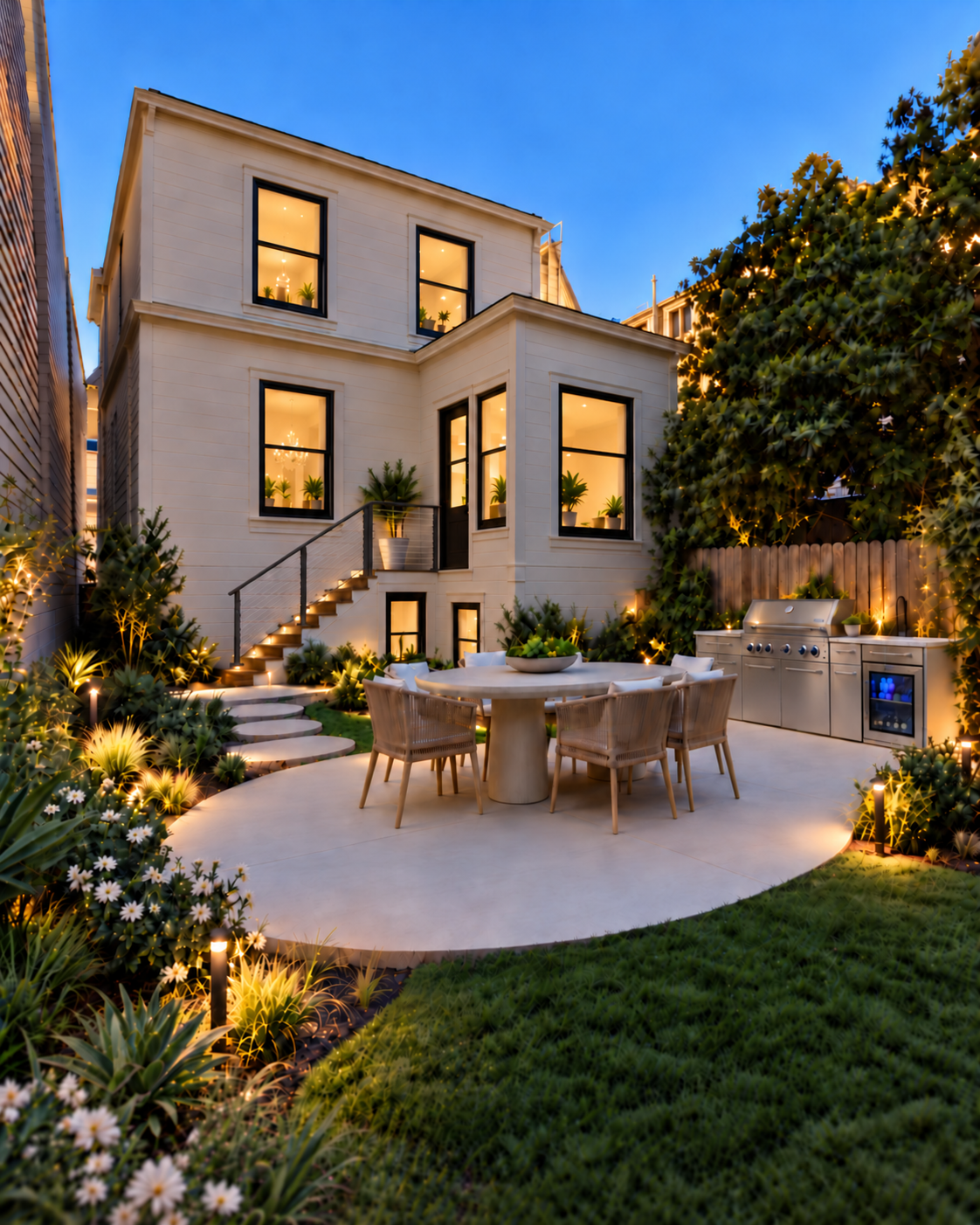 Modern white three-story house with large windows and outdoor lighting, surrounded by a landscaped backyard with a round dining table and chairs, outdoor grill, pathway, plants, and trees at dusk.