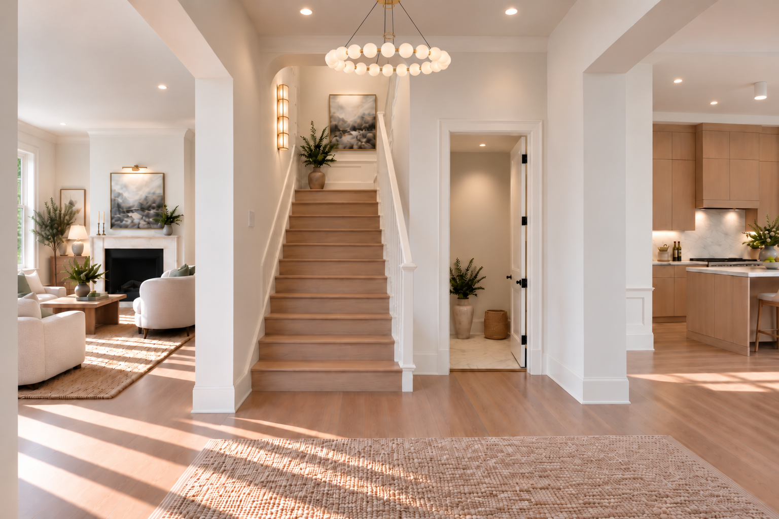 Bright, modern living room with a staircase, beige and white color scheme, and minimalist decor