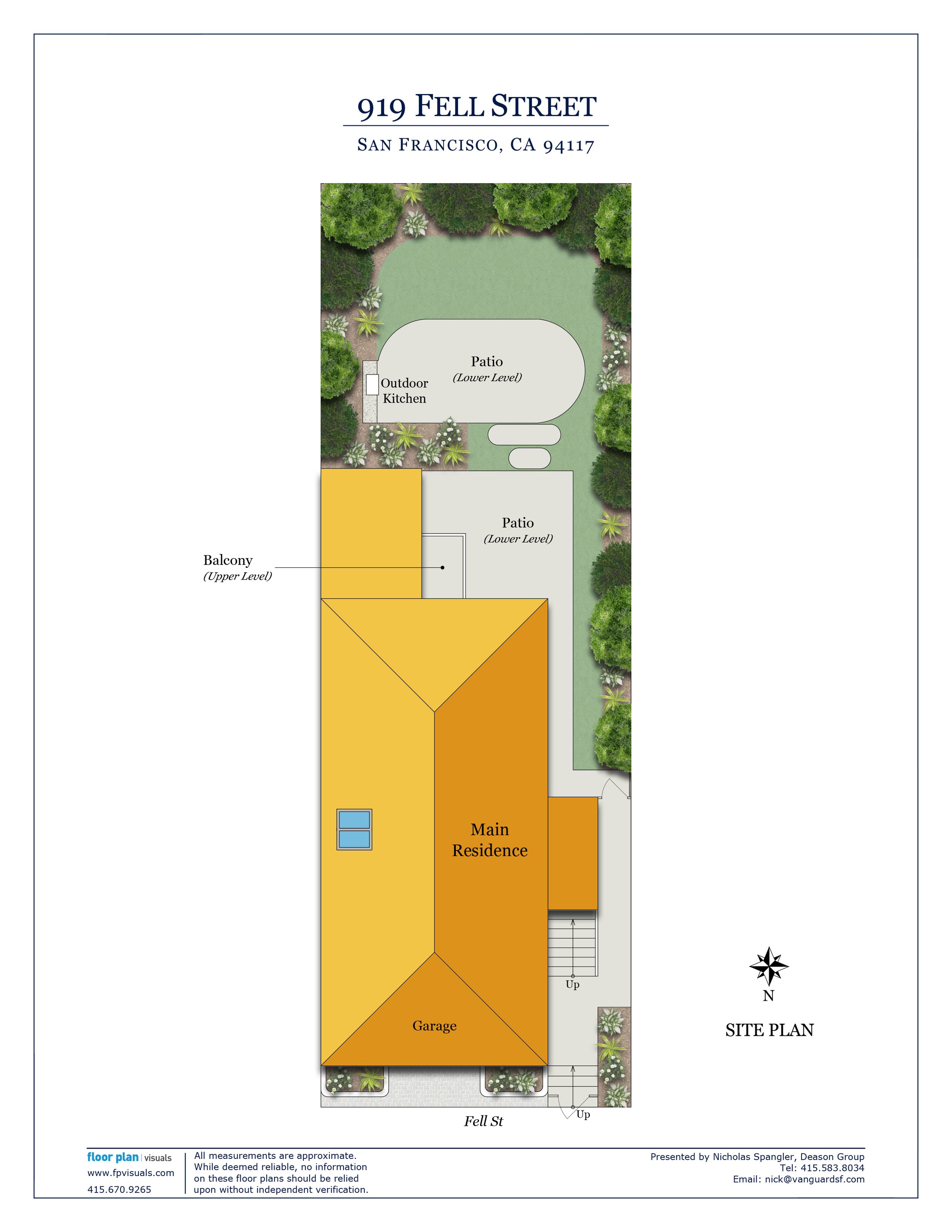 Site plan for 919 Fell Street in San Francisco, CA, showing a main residence with a garage, a balcony on the upper level, patios on the lower level, and surrounding landscaped garden areas, with street and staircase access.