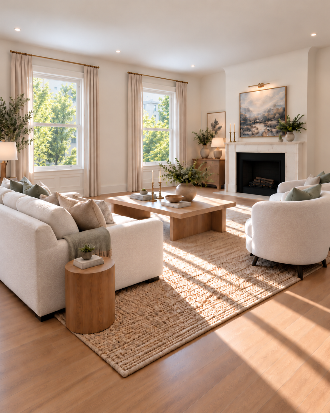Bright and airy living room with white sofas and armchair, wooden coffee table and side table, beige rug, large windows with light curtains, fireplace with art above, greenery and decorative objects, sunlight filtering through windows.