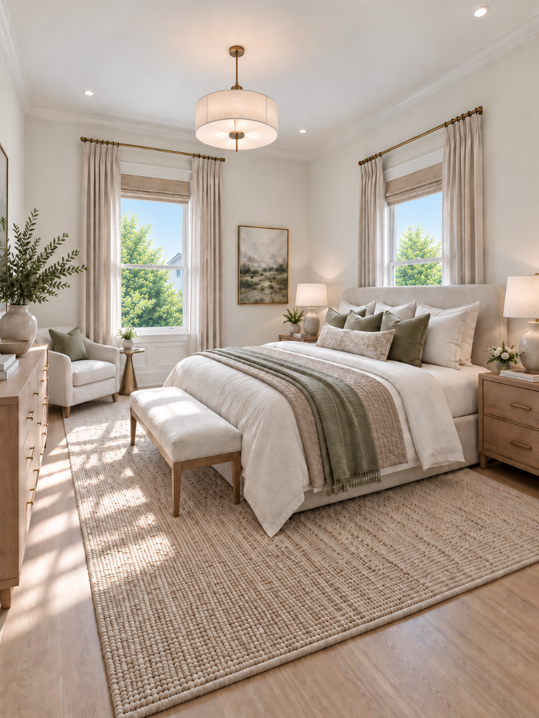 A cozy bedroom with a large bed, beige curtains, and hardwood floors. The room has a bench at the foot of the bed, a rug, and nightstands with lamps. There are two windows with green trees outside.
