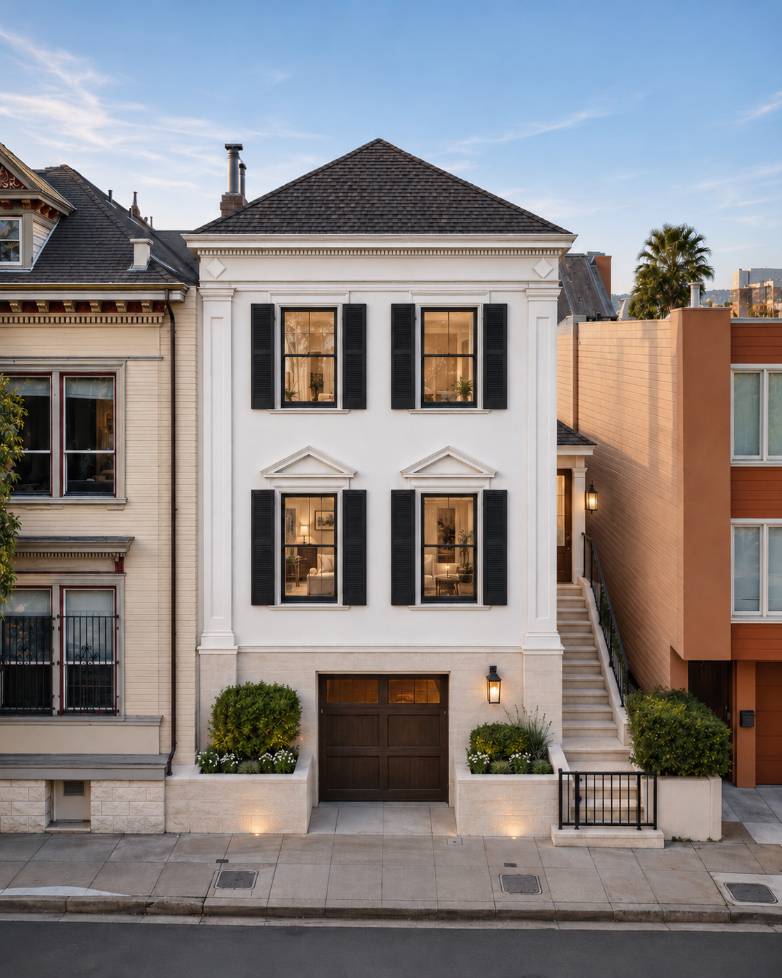 A three-story white townhouse with black window shutters, a dark wooden garage door, and exterior staircase on the right side, situated between two other buildings on a city street.