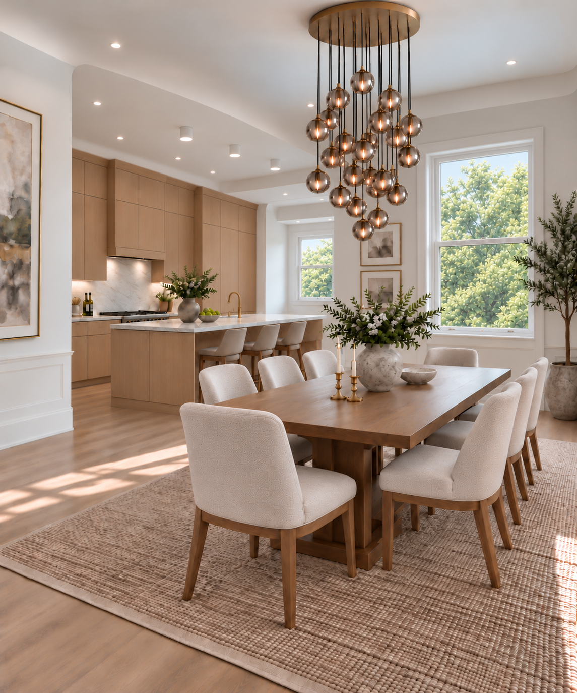 Modern dining room and kitchen with light wood finishes, large windows, a wooden dining table with beige upholstered chairs, a chandelier with copper or bronze spheres, plants, artwork, and natural light.