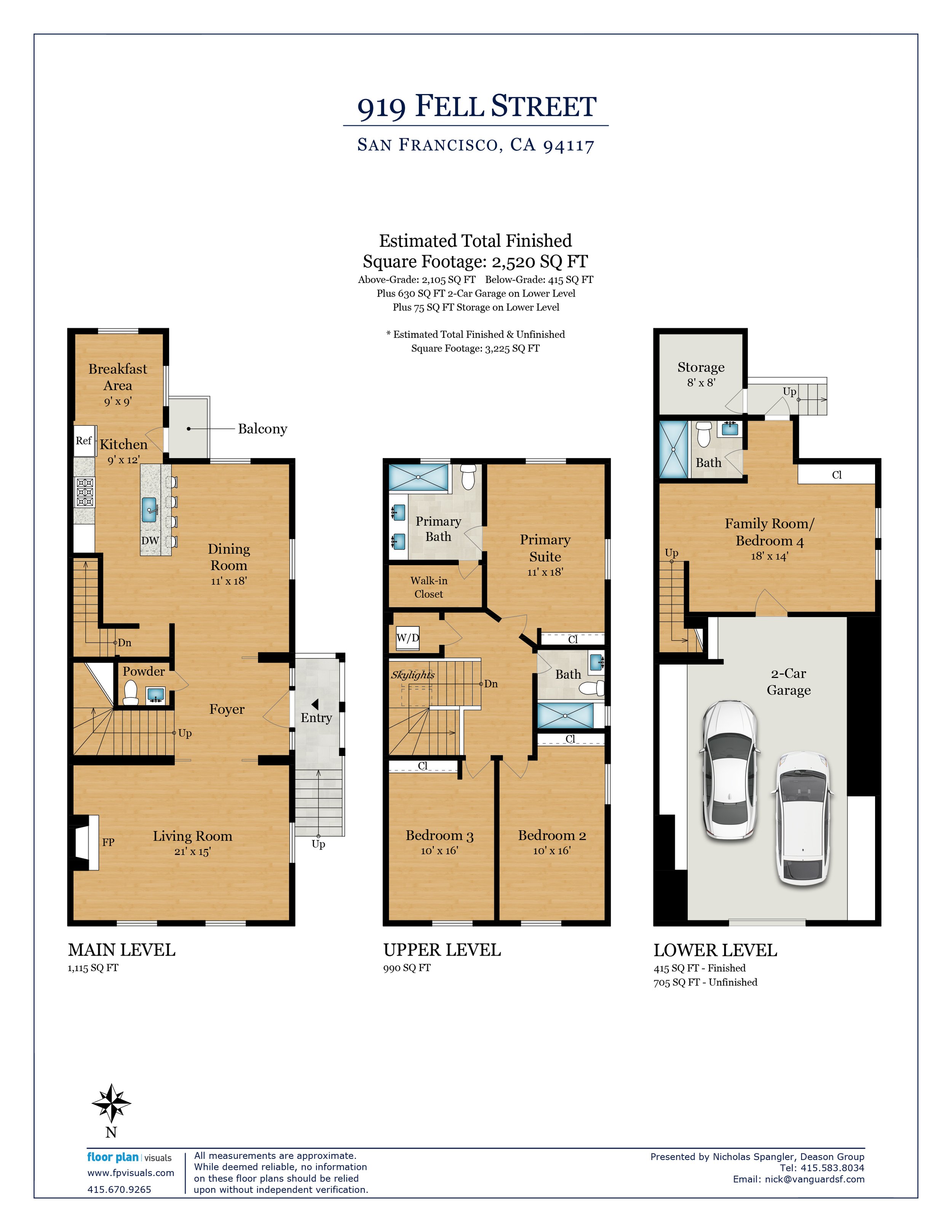 Floor plan of a house with main, upper, and lower levels. Main level includes living room, foyer, dining room, kitchen, powder room, and entry. Upper level features bedrooms, bathrooms, and walk-in closet. Lower level contains storage, a family room/bedroom, bathroom, and garage with parking for three cars. Coordinates at the bottom indicate north.