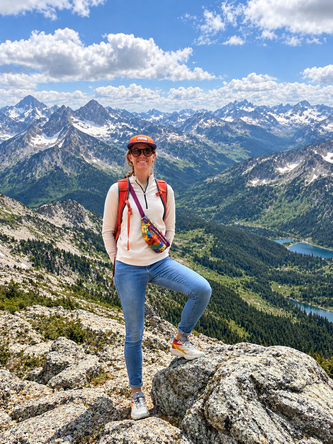 A woman hiking on a rocky mountain trail with snow-capped peaks and a lake in the background under a partly cloudy sky.