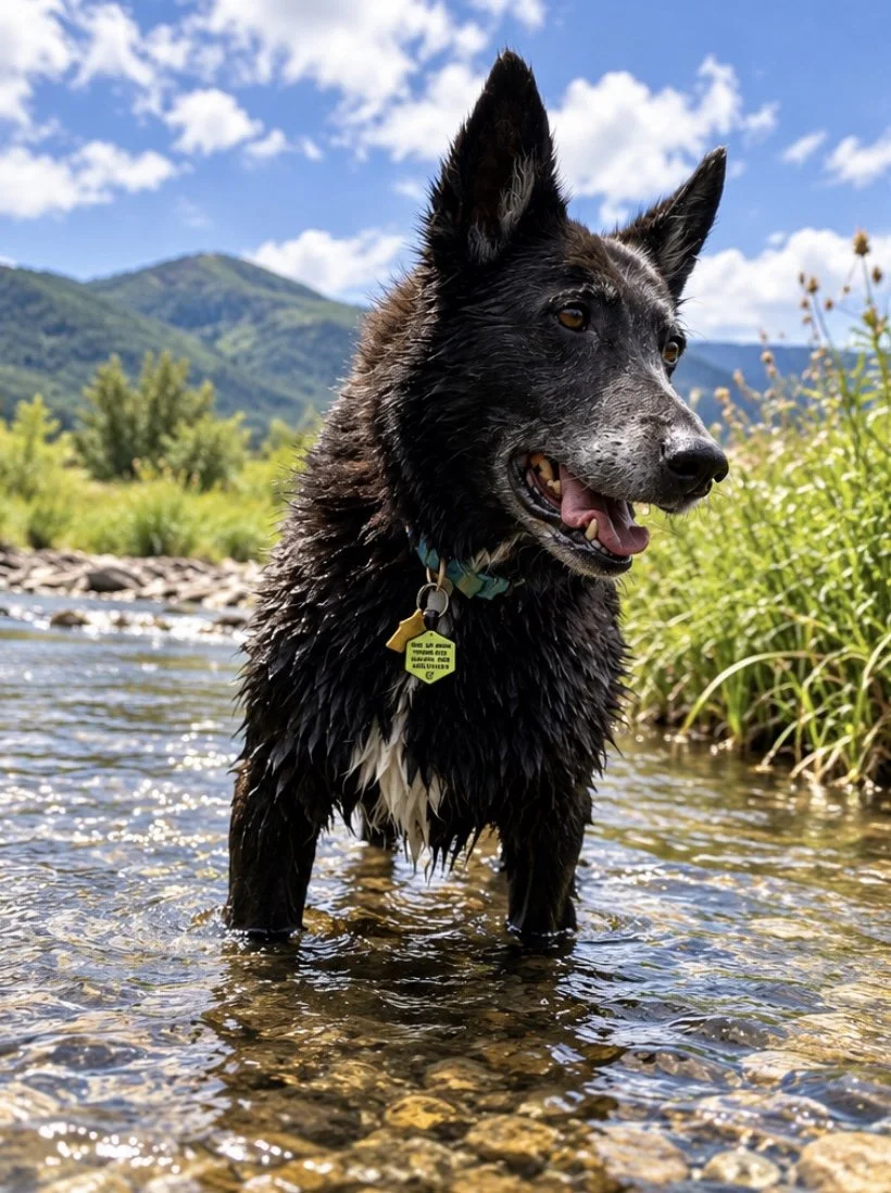 A wet black and white dog standing in a shallow stream with a mountainous landscape and blue sky in the background.