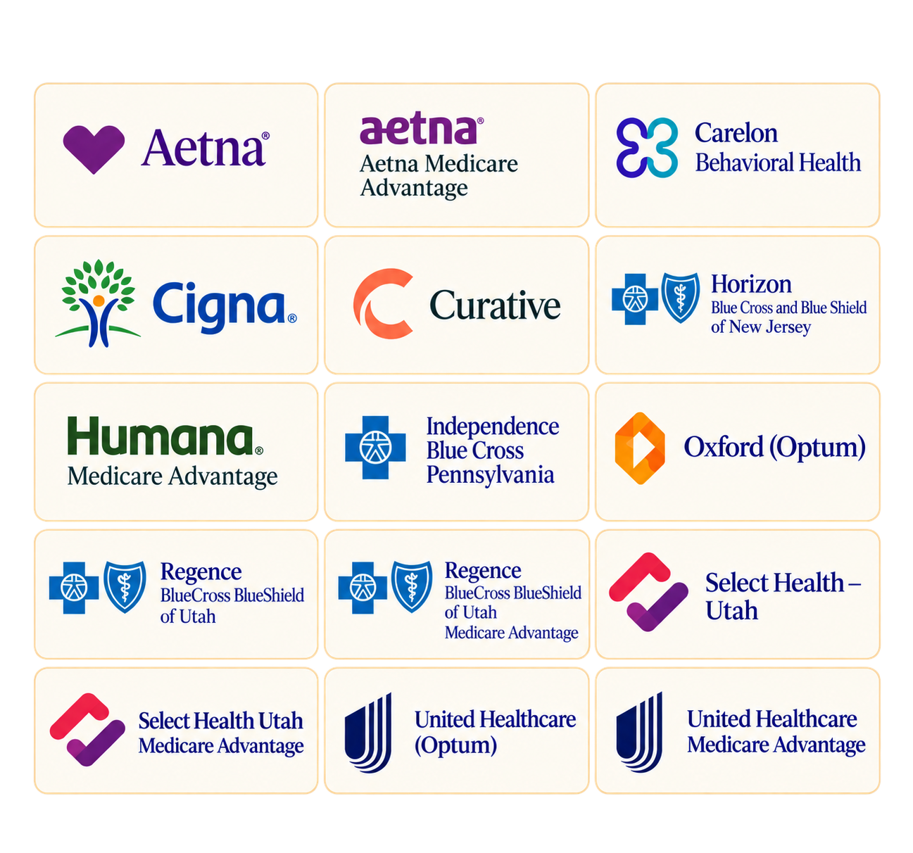 Collection of logos for various healthcare providers and insurance plans, including Aetna, Aetna Medicare Advantage, Carelon Behavioral Health, Cigna, Curative, Horizon Blue Cross and Blue Shield of New Jersey, Humana Medicare Advantage, Independence Blue Cross Pennsylvania, Oxford Optum, Regence BlueCross BlueShield of Utah, Utah Medicare Advantage, Select Health Utah Medicare Advantage, United Healthcare Optum, and United Healthcare Medicare Advantage.