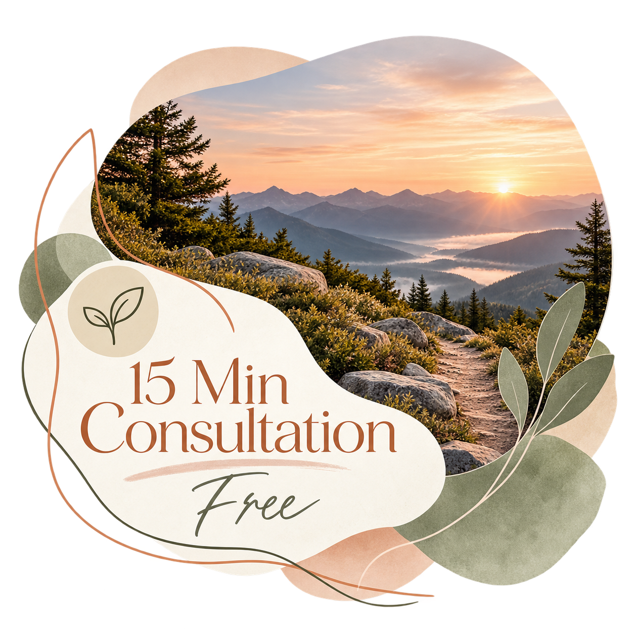 A scenic mountain landscape with a dirt trail, pine trees, and a sunrise over distant mountains, with an overlay of text reading '15 Min Consultation Free' and a leaf icon.