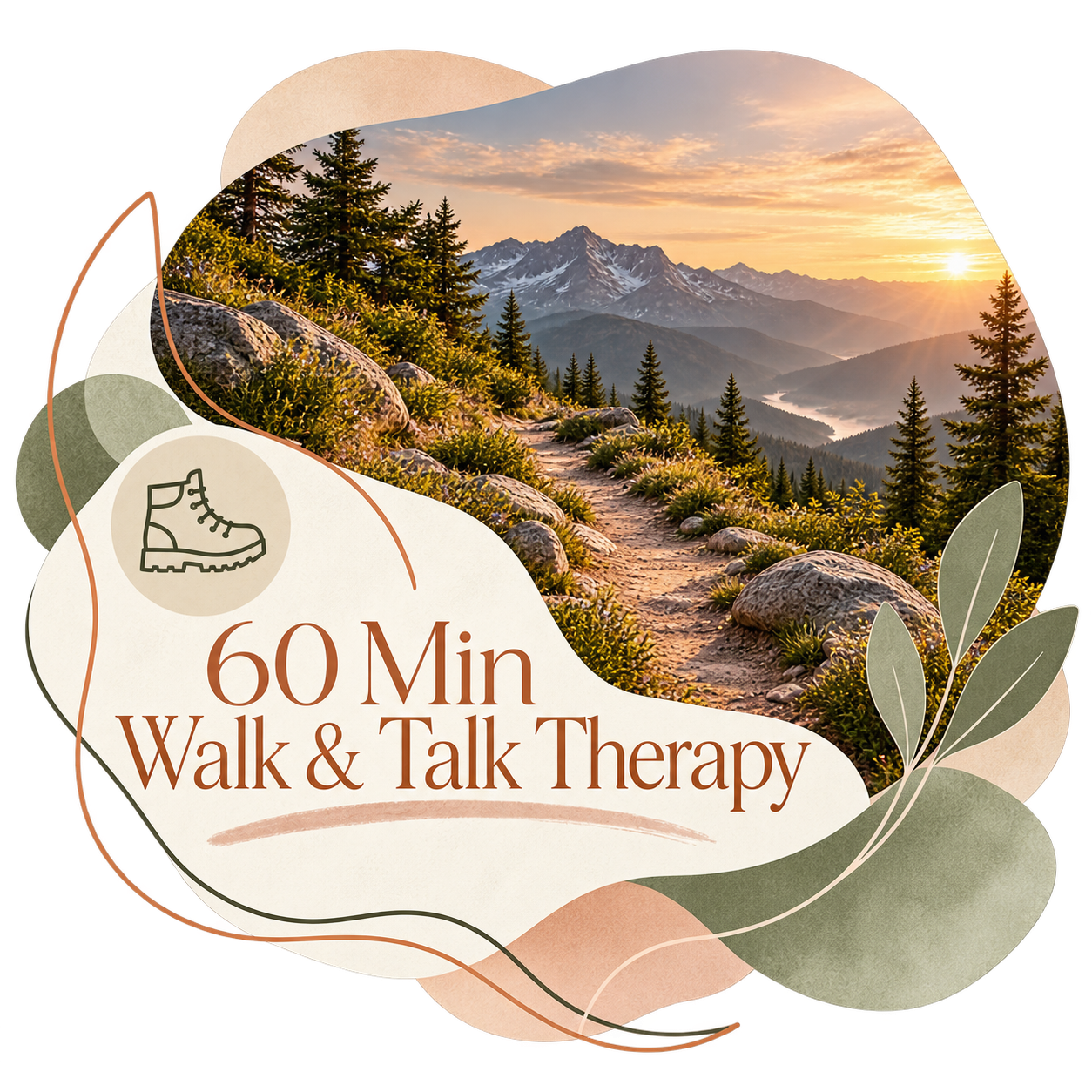 A scenic mountain trail during sunset with pine trees, rocky path, and snow-capped peaks in the background. Overlay text reads '60 Min Walk & Talk Therapy' with a hiking boot icon.