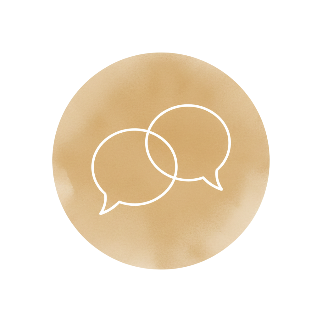 Two overlapping chat bubbles icon on a beige background.
