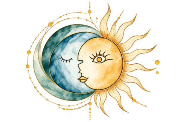 Illustration of a celestial scene with a stylized sun and moon linked together. The sun has a face with an eye and flowing rays, while the moon has a face with closed eyes, and both are surrounded by decorative elements.