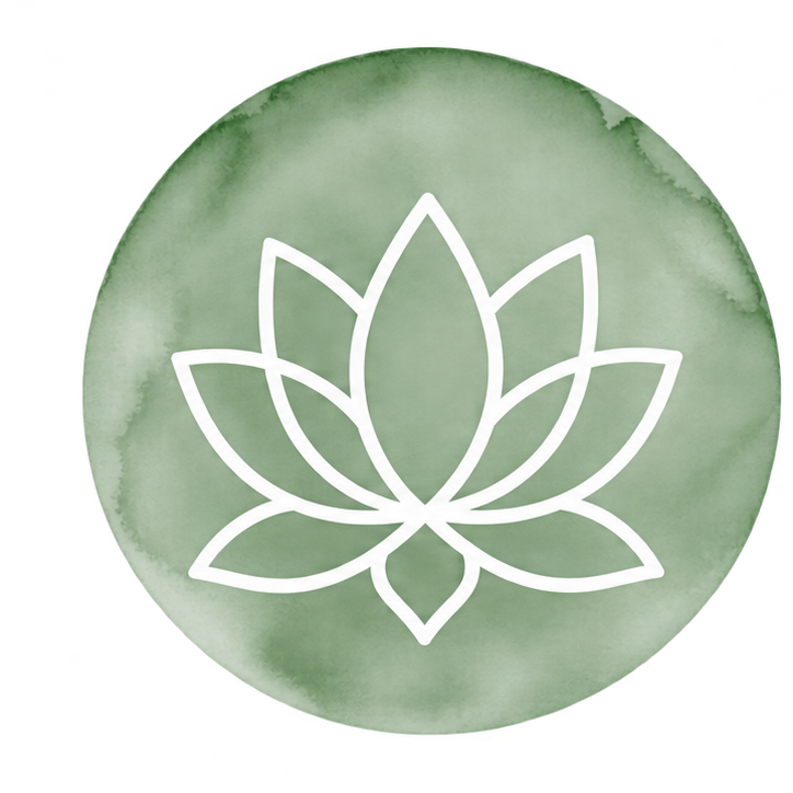 Green circular background with a white line drawing of a lotus flower in the center.
