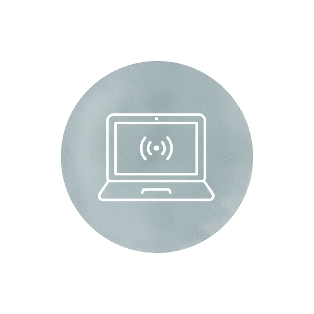 Laptop computer icon with wireless signal symbol on screen, gray circular background