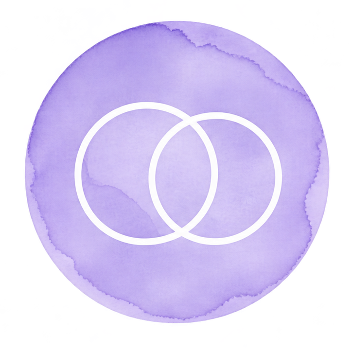 A circular purple watercolor background with two white overlapping circles, resembling a Venn diagram.