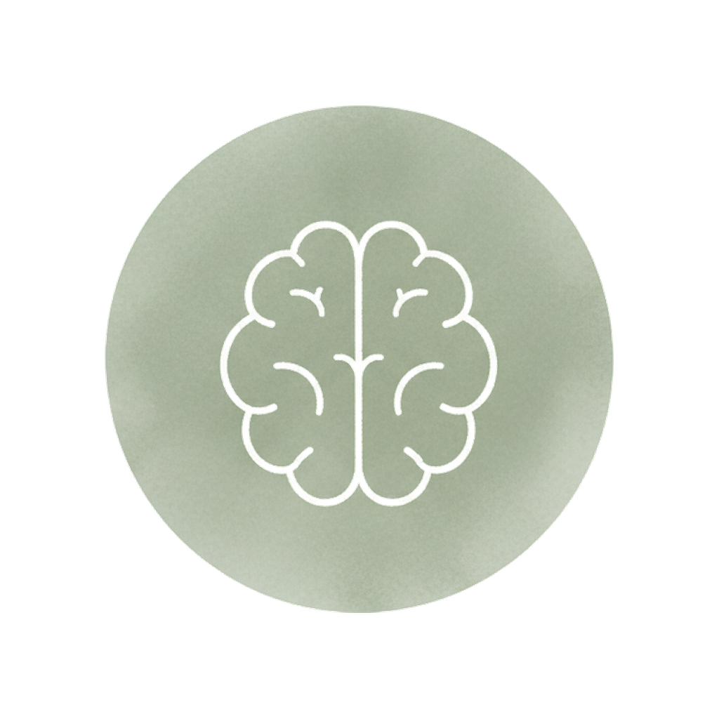 Circular icon with a white line drawing of a human brain on a light green background.