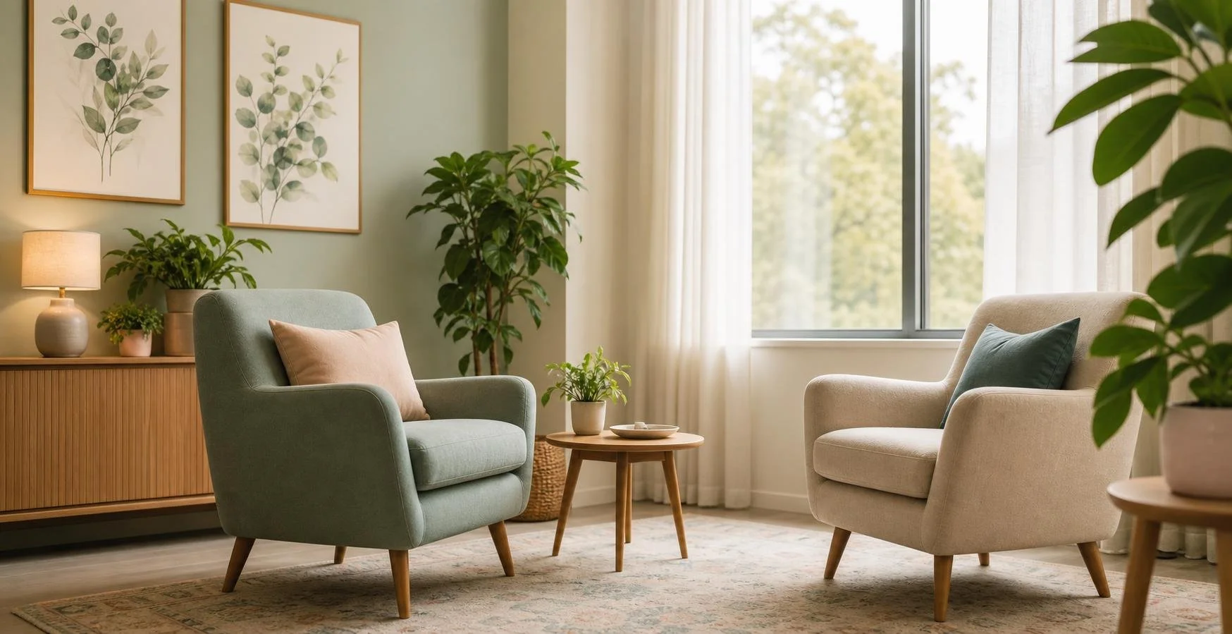 A cozy living room with two armchairs, one green and one beige, positioned near a large window with sheer white curtains. The room has a wooden sideboard with plants, lamps, and framed botanical art on the wall. A small round wooden table holds a potted plant and a dish, with a patterned area rug on the floor.