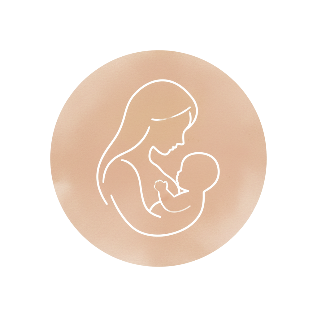 Outline drawing of a mother holding a baby, symbolizing motherhood and care, set against a circular peach background.