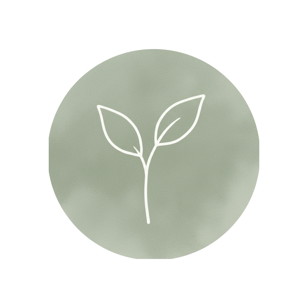 Minimalist icon of a plant with two leaves inside a soft green circle.