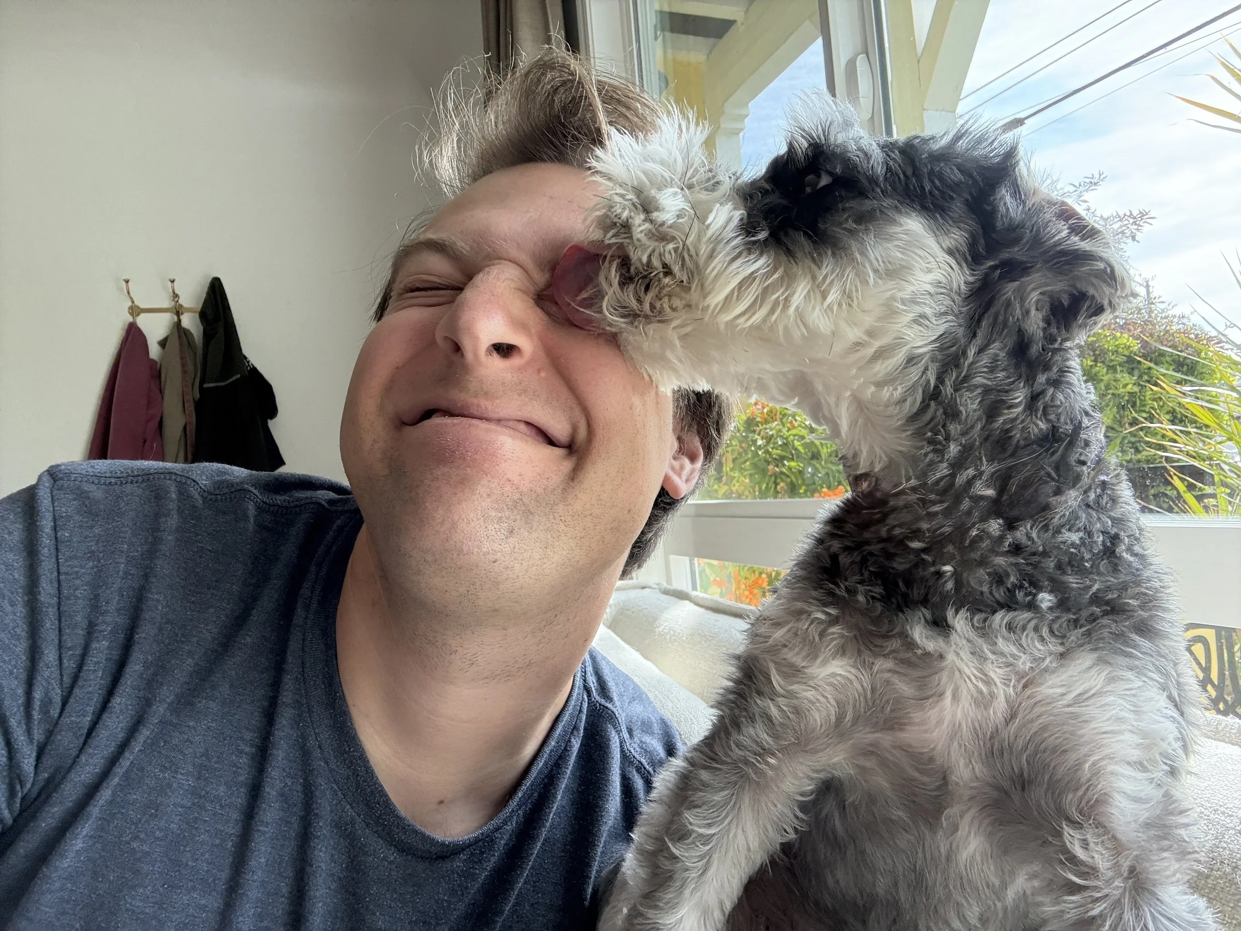 A person smiling and holding a black, white, and gray dog close to their face near a window with a view of trees and a house. The person is wearing a dark shirt.