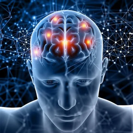 Illustration of a human head with a focus on the brain, showing glowing spots and connected neural networks suggesting brain activity and connectivity.