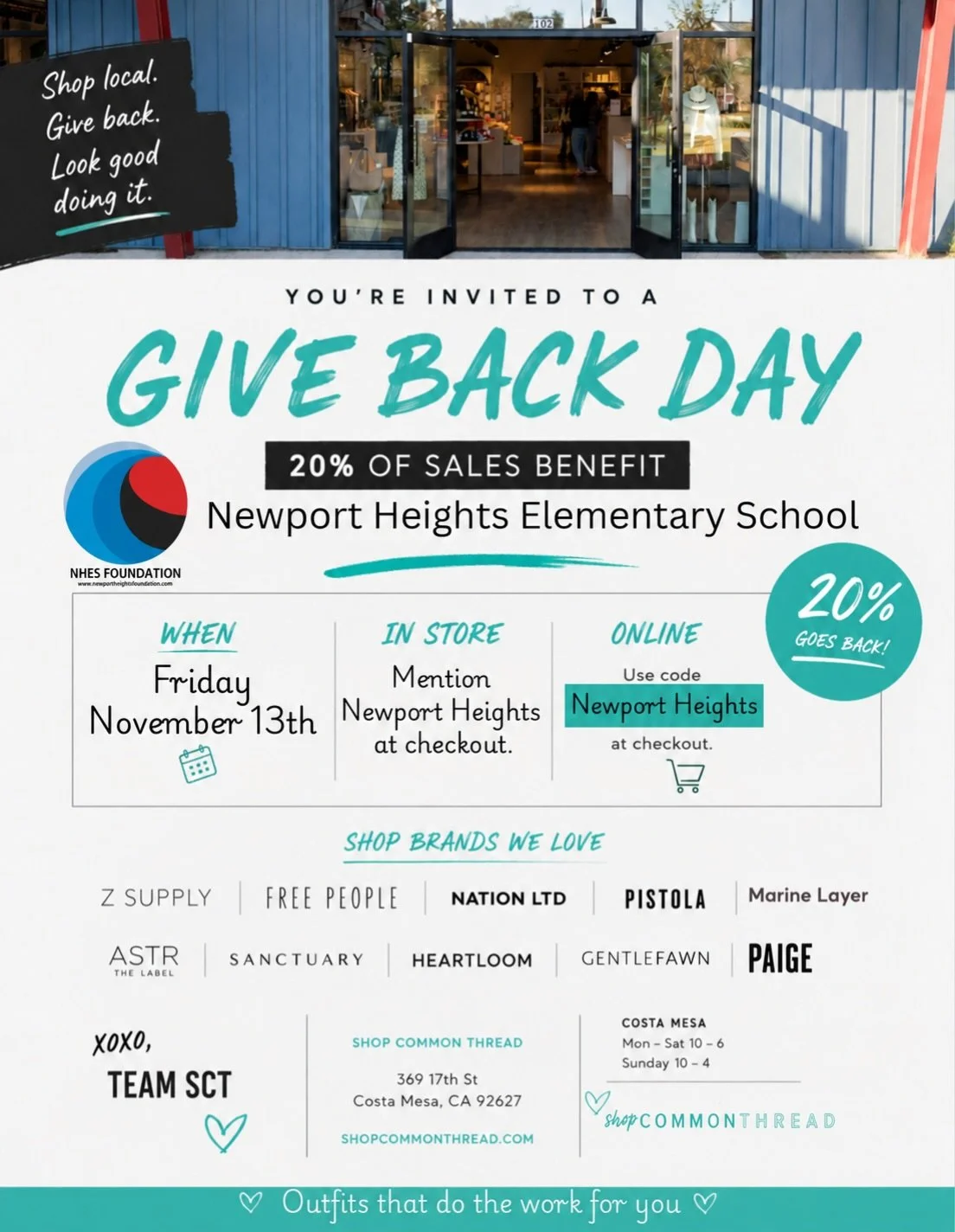 Join @shopcommonthreadoc Give Back Day on Friday, November 13! Shop in store or online, and 20% of sales will benefit Newport Heights Elementary School.

Mention Newport Heights at checkout in store or use code &ldquo;Newport Heights&rdquo; online.

