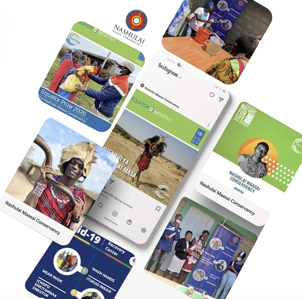 Collage of Nashulai Maasai Conservancy social media posts featuring Maasai community members, conservation initiatives, wildlife, and COVID-19 health information.