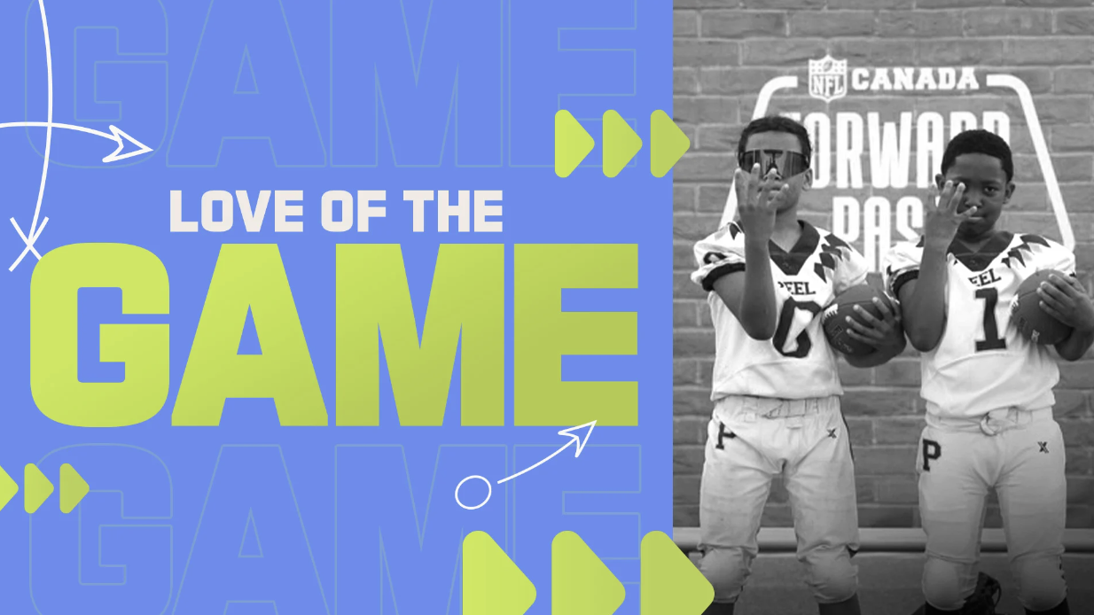 Graphic reading “Love of the Game” beside a black-and-white photo of two football players in uniforms holding footballs.