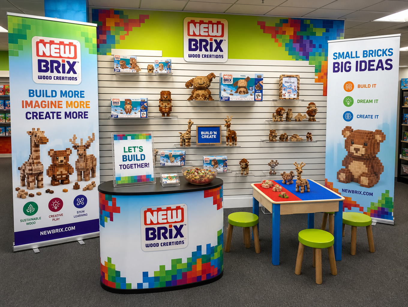 New Brix Wood Creations retail display with wooden animal models, product boxes, colorful branded banners, and a children's building table.