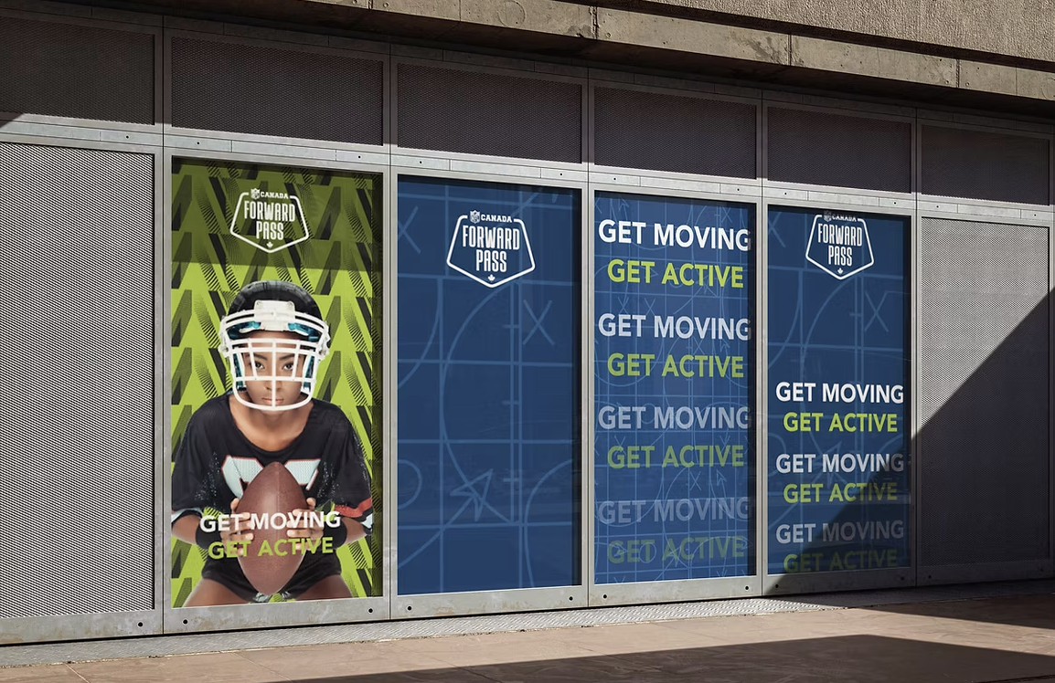Canada Forward Pass sports campaign posters featuring a young football player and the message “Get Moving, Get Active”