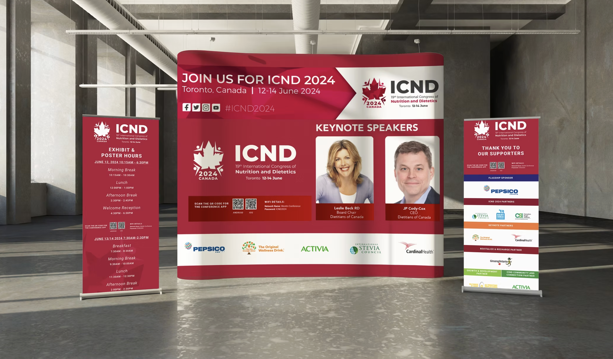 ICND 2024 International Congress of Nutrition and Dietetics conference display in Toronto, featuring keynote speakers, event schedule, sponsors, and partner logos.