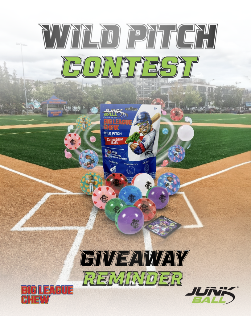 Junk Ball Big League Chew Wild Pitch Contest giveaway poster featuring collectible baseballs on a baseball field