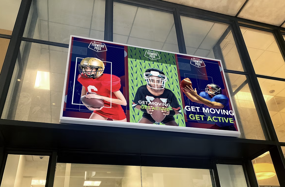 Get Moving Get Active sports poster for NFL Forward Pass program featuring children playing football