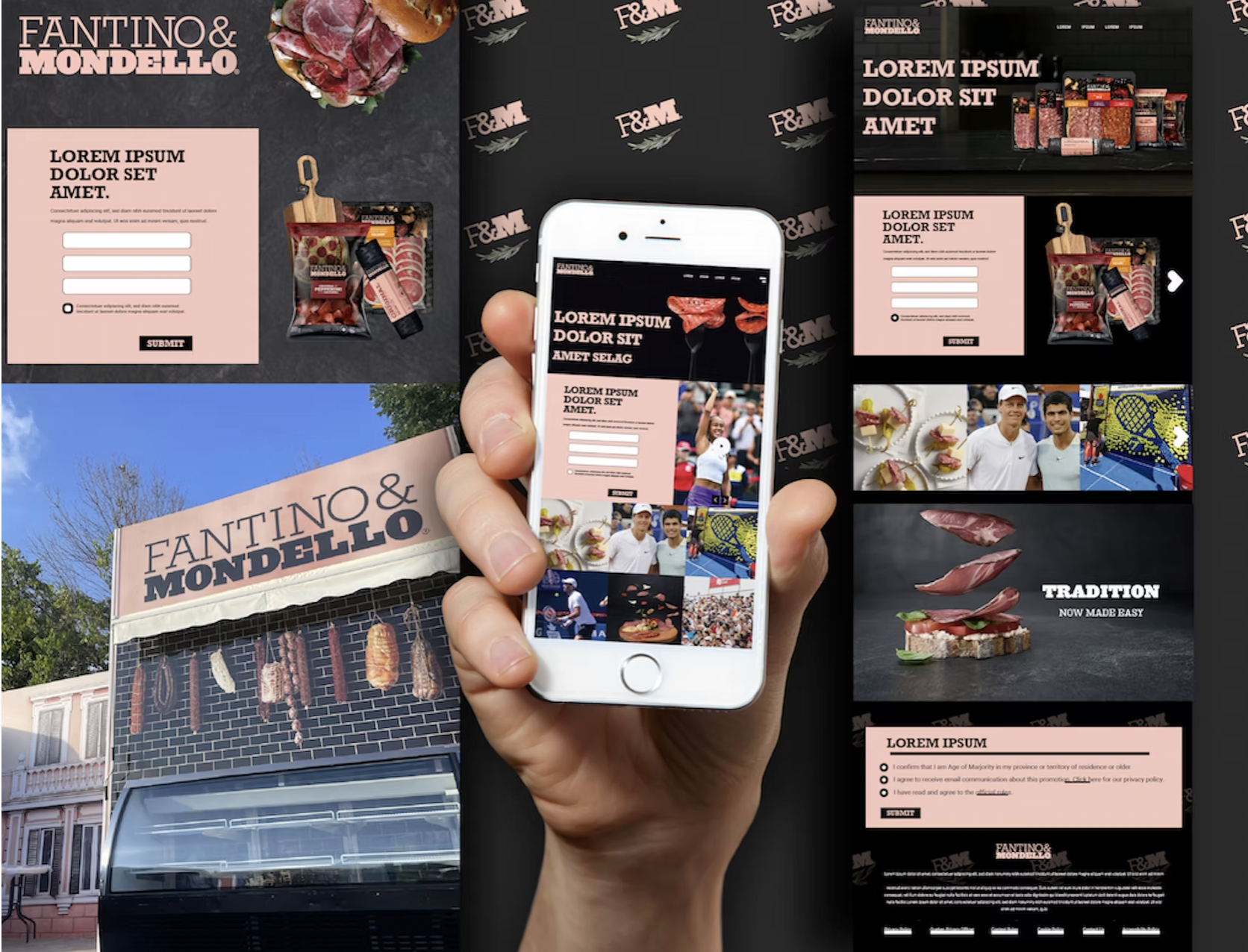 Fantino & Mondello Italian deli branding collage featuring a storefront, cured meats, packaged products, and responsive website designs on desktop and mobile screens.
