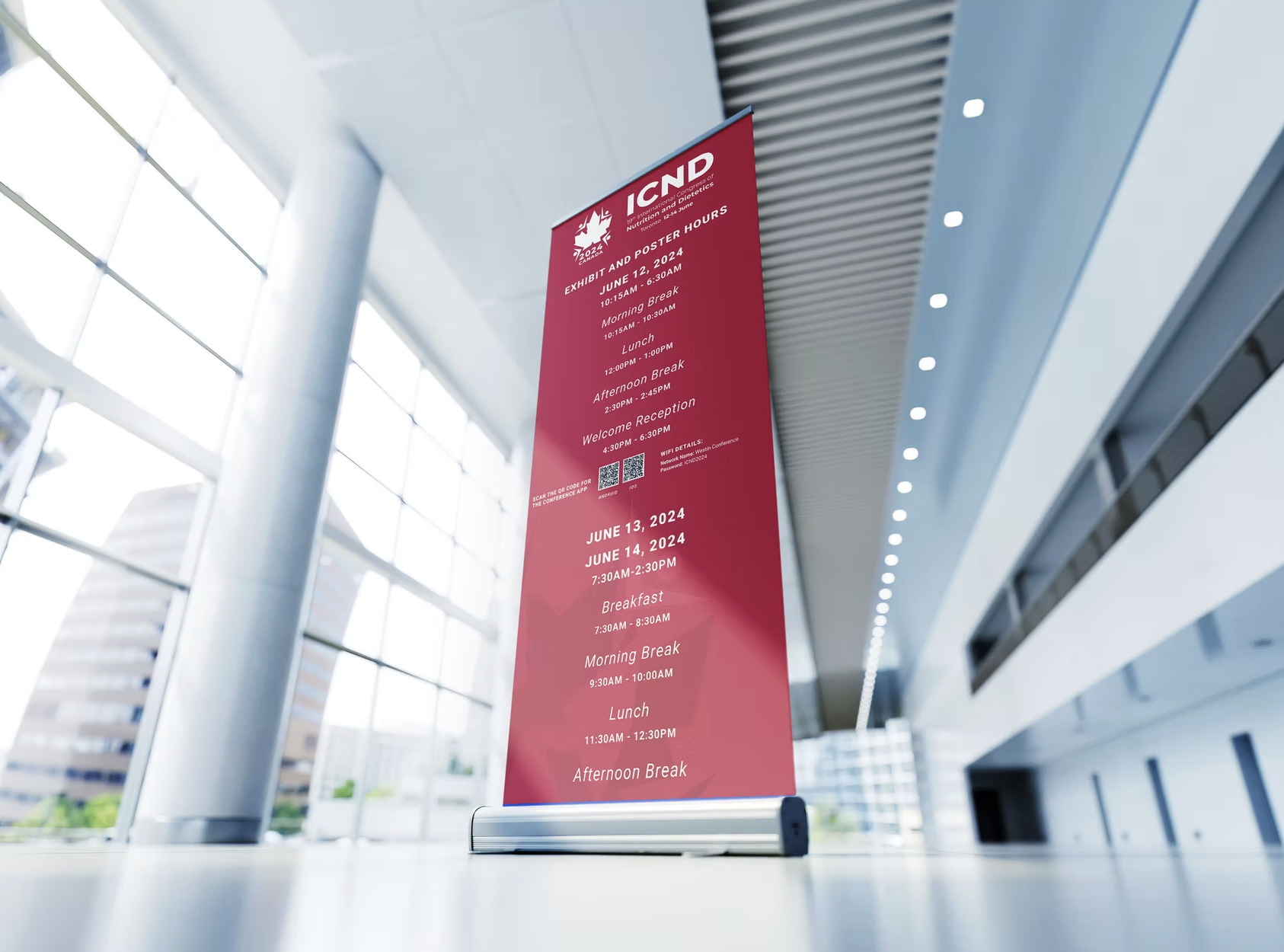 Red ICND 2024 conference schedule banner displayed in a bright convention center hallway