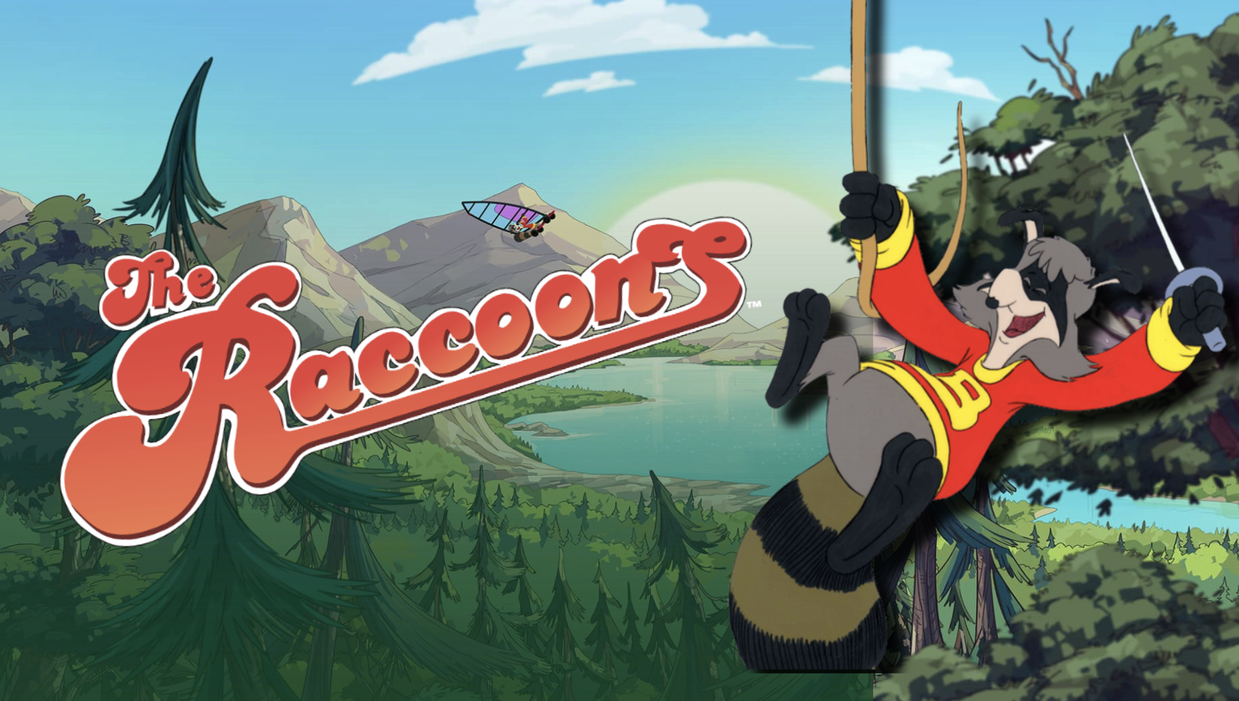 The Raccoons cartoon logo with a raccoon in a red superhero suit ziplining through a forested mountain landscape