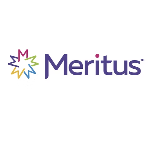 Meritus logo with multicolored starburst symbol and purple text
