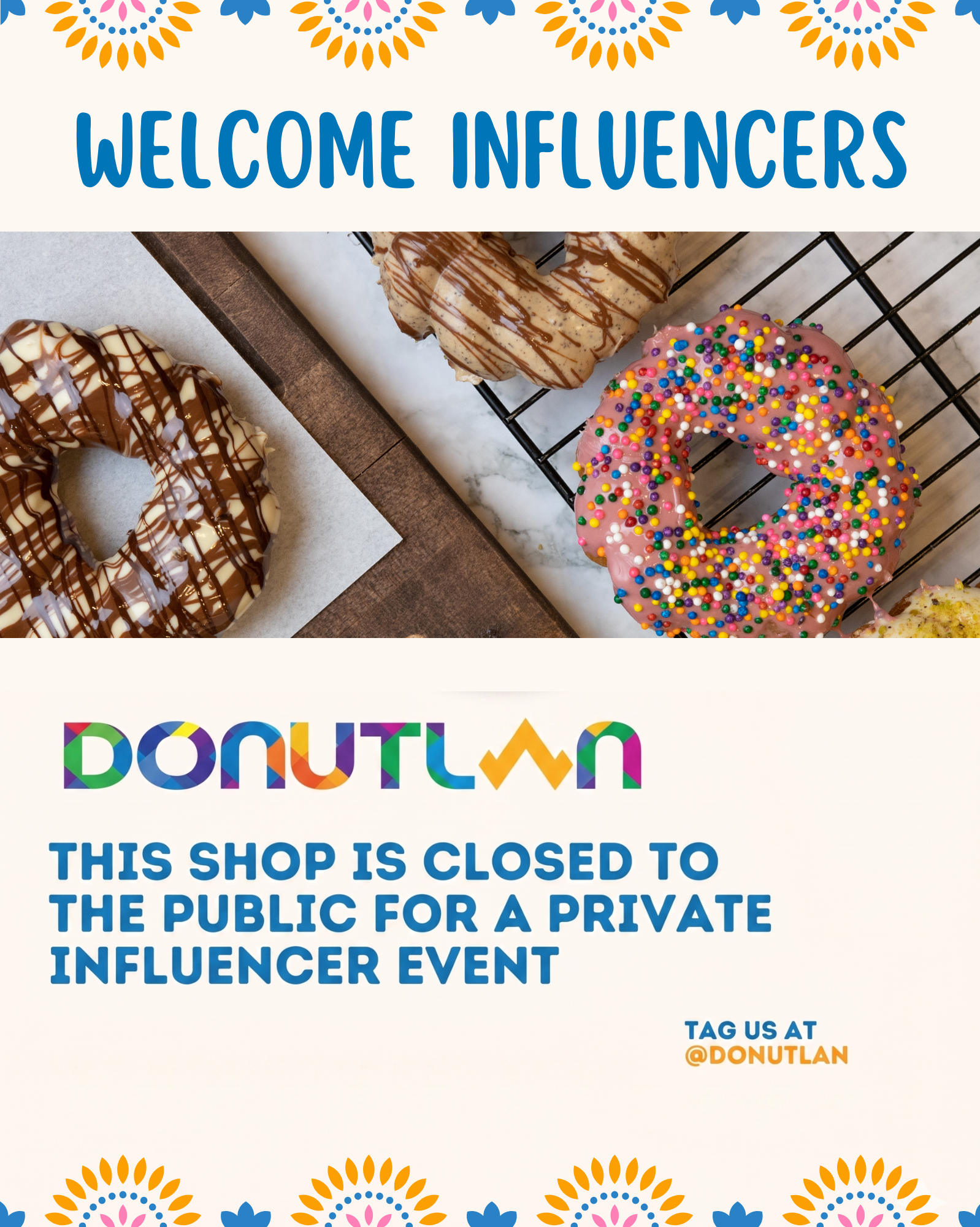 Donutlan flyer welcoming influencers to a private event, featuring colorful sprinkled and chocolate-drizzled donuts.