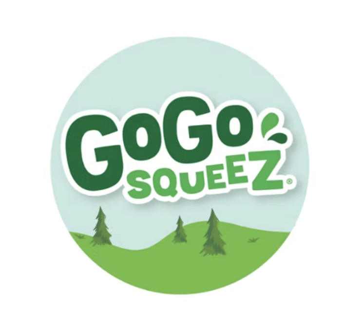 GoGo SqueeZ logo with green lettering over a stylized landscape of hills and pine trees