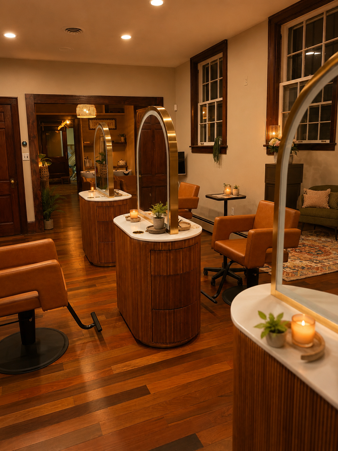 A cozy hair salon with wooden floors, warm lighting, and large mirrors on curved wooden counters. There are chairs for clients, small tables with candles, and potted plants adding to the inviting atmosphere.