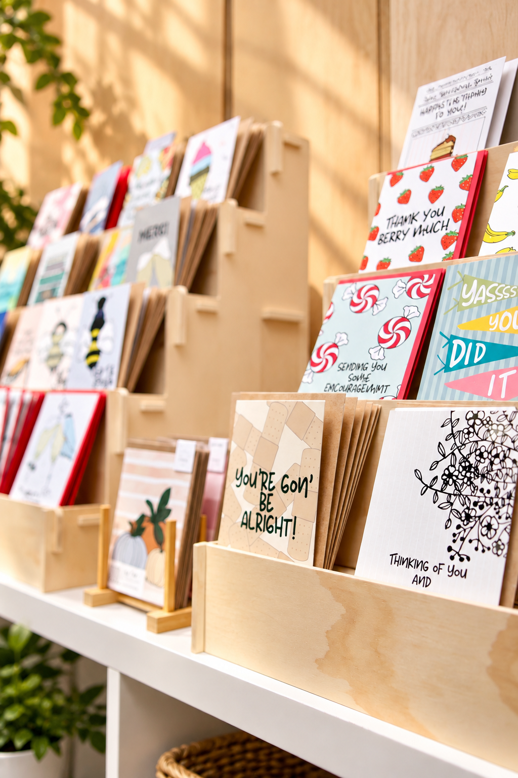 Display of greeting cards with various designs and messages, arranged in wooden and paper holders on a white shelf.
