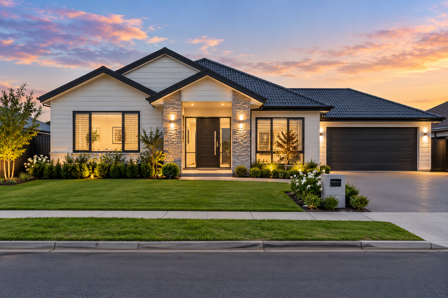 Modern Suburban Home at Sunset.png