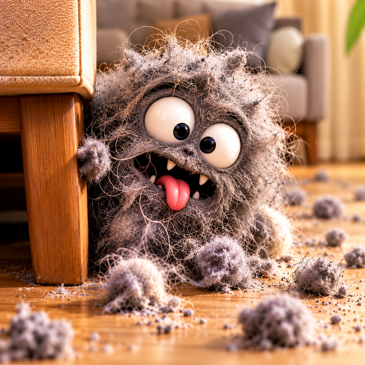 A creature with large googly eyes, sticking out tongue, and many fuzzy, web-like tendrils, hiding partially behind a piece of furniture with toys and debris scattered on the wooden floor.