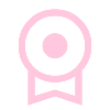 A pink circular badge with a ribbon at the bottom