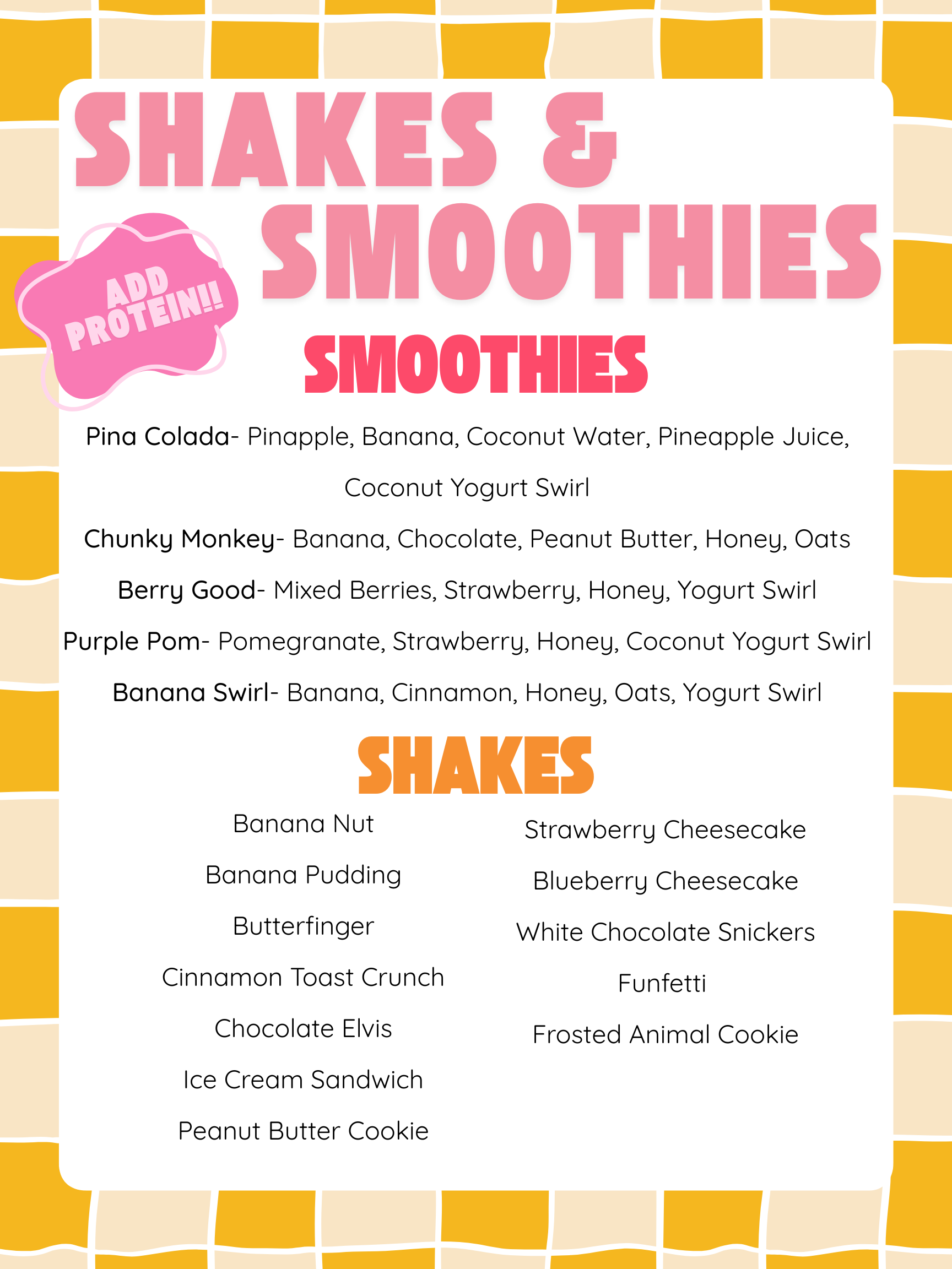 Shakes and Smoothies menu