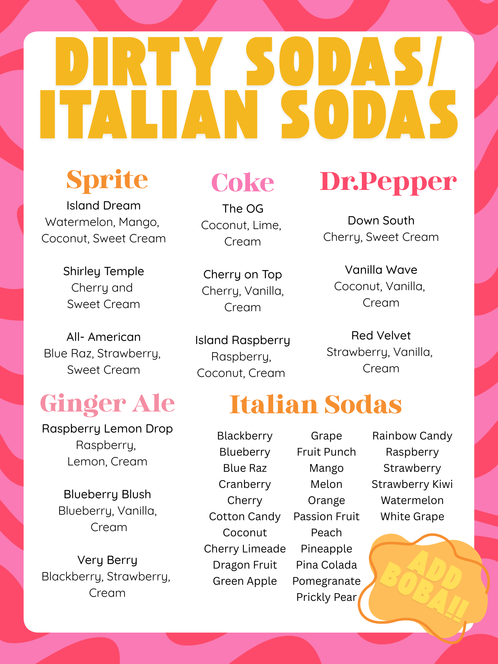 Dirty Sodas and Italian Sodas menu
